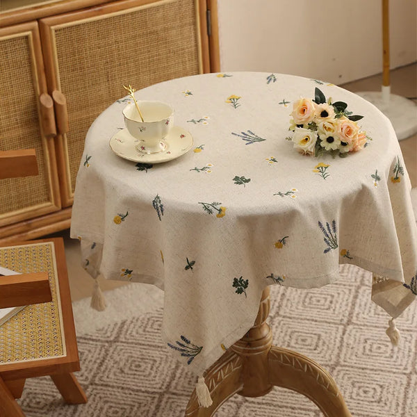Embroidered Wheat Linen Tablecloth — Beige, 60×60cm & 90×90cm