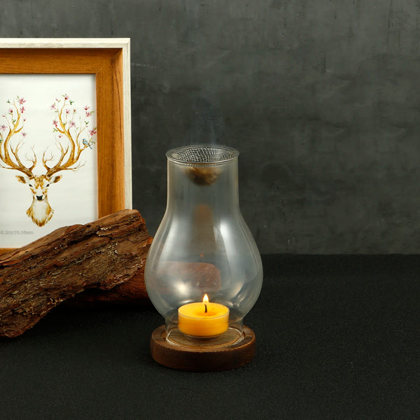 Glass Tea Light Holder with Wooden Base — Aromatherapy Incense Burner