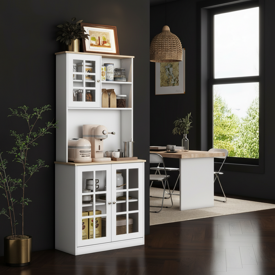 183cm Sideboard Grid Glass Doors Shelves Kitchen  72" Solid w/Glass Door