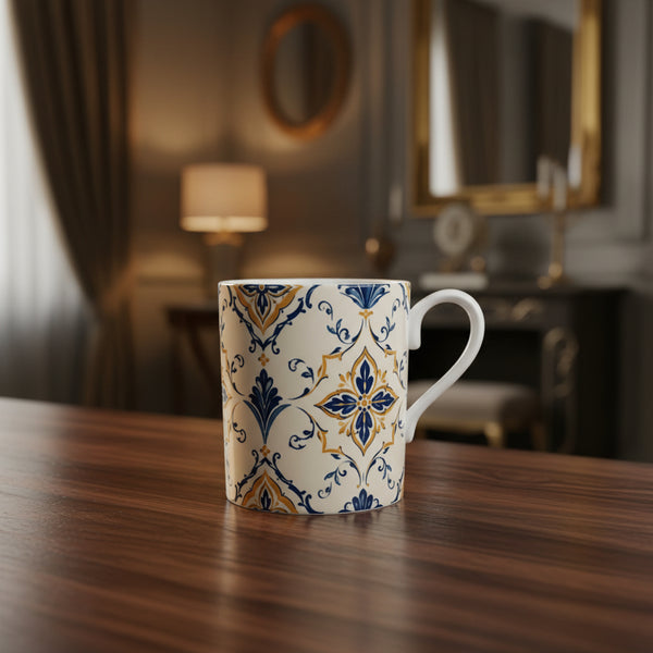 Blue and gold tile-motif bone china mug