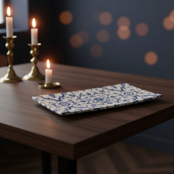 Blue baroque scrollwork bone china tray |  23 × 11.5 cm