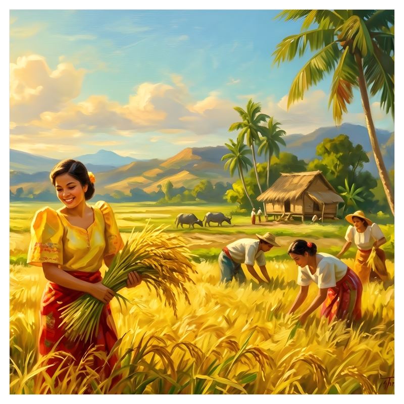 Rice harvest scene silk fabric wrap