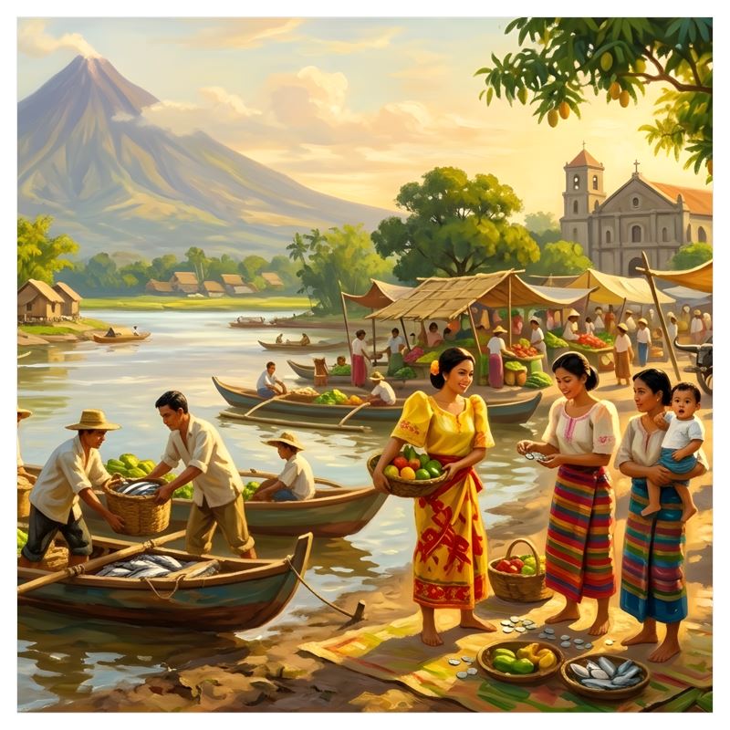 Riverside market scene cotton fabric wrap