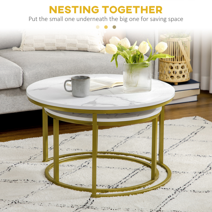 HOMCOM Marble Coffee Table Set of 2, Round Nest of Tables for Living Room
