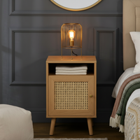 Nightstand, Rattan Bedside Table, Sofa Side Table w/ Cabinet, Shelf