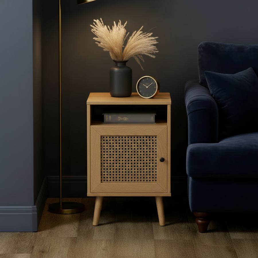 Nightstand, Rattan Bedside Table, Sofa Side Table w/ Cabinet, Shelf