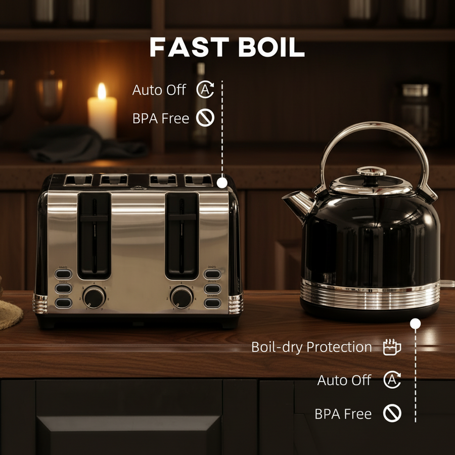 1.7L 3000W Fast Boil Electric Kettle and 4 Slice Toaster Set, Black