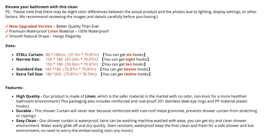 Minimalist Linen Texture Shower Curtain — Weighted Hem | Thick Polyester | 5 Colours | 5 Sizes