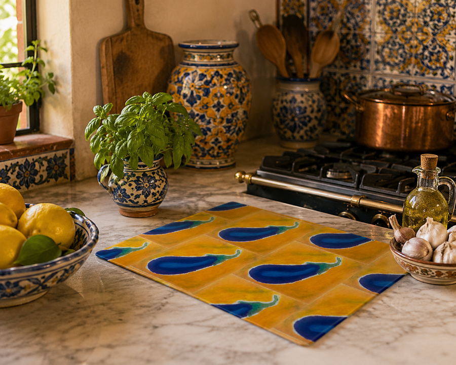 Eggplant print glass chopping board