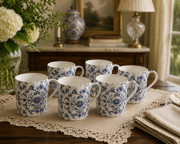 Blue baroque scrollwork bone china mugs, set of 6