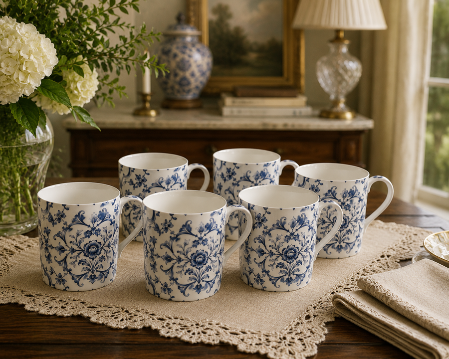 Blue baroque scrollwork bone china mugs, set of 6