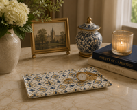 Navy and gold tile-motif bone china tray | 17 × 8.5 cm