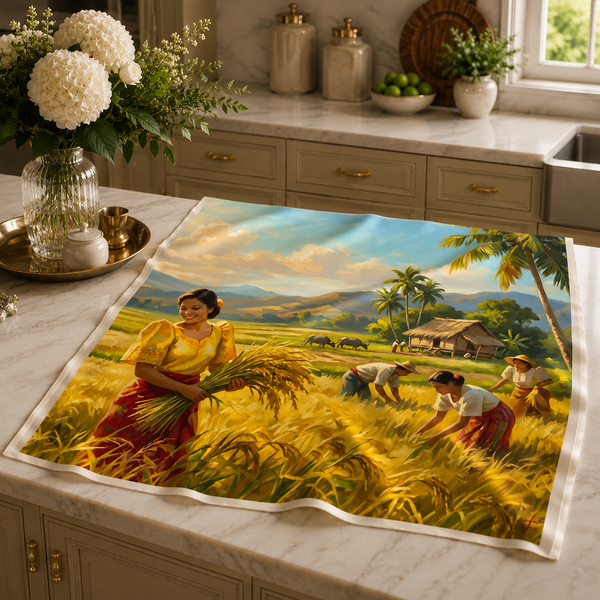 Rice harvest scene silk fabric wrap | 70 x 70 cm