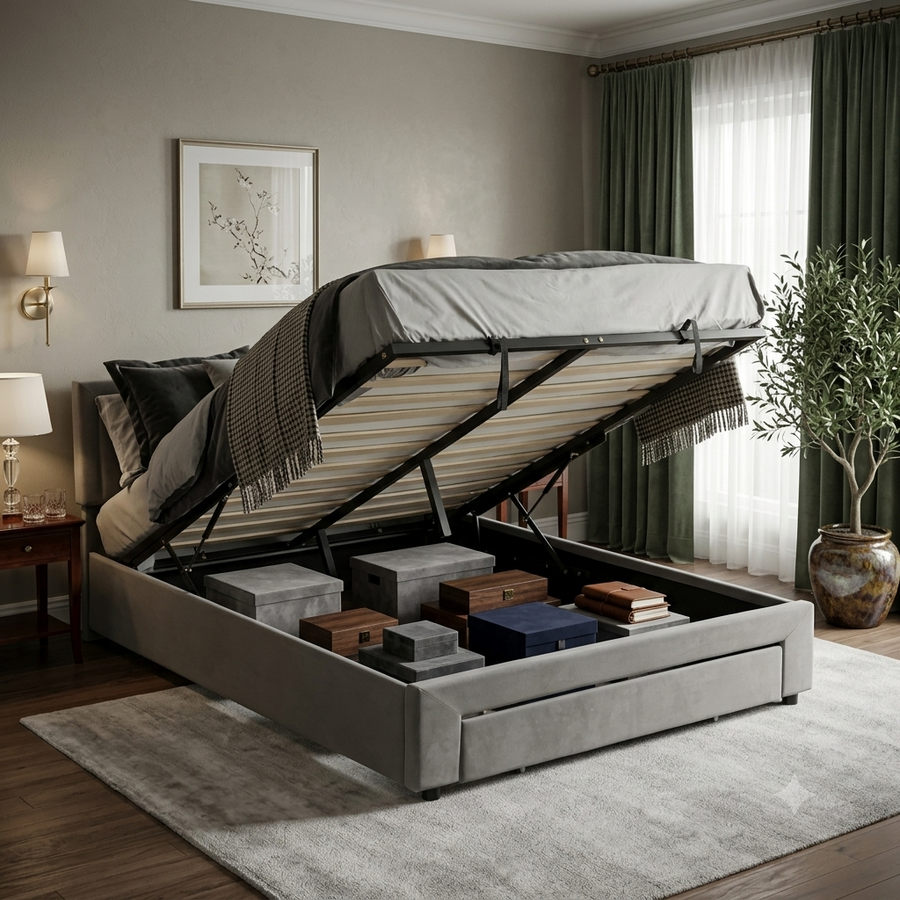 Double Bed Frame with Storage and Adjustable Velvet Headboard