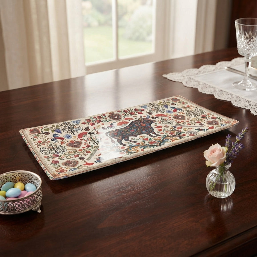 Folk Art Bull Fine Bone China Tray | Large