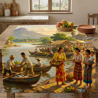 Riverside market scene cotton fabric wrap | 90 x 90 cm