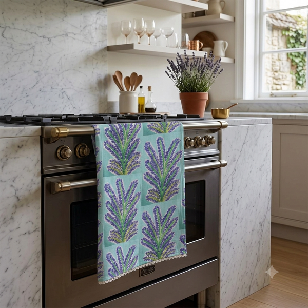 Lavender sprig cotton-linen tea towel