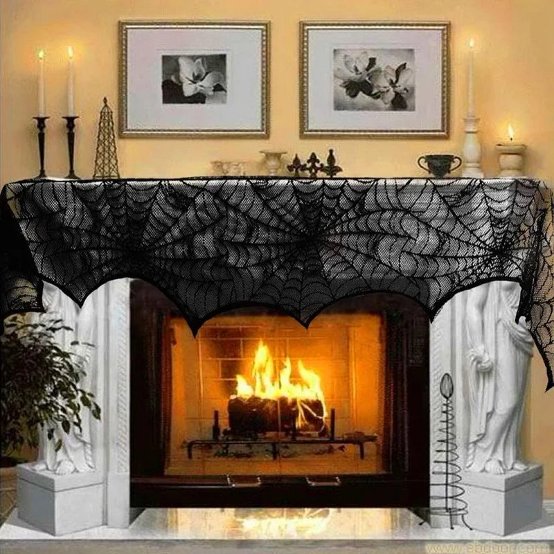Lace Spider Web & Skeleton Fireplace Mantel Scarf