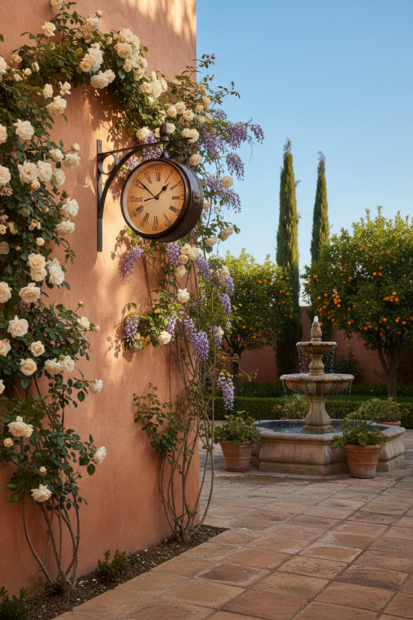 European Antique Double-Sided Wall Clock on Bracket — Silent | Iron | Indoor & Garden