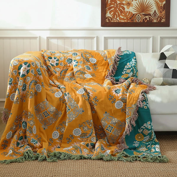 Cotton Floral Tassel Throw Blanket — Bohemian, 6 Colours, 3 Sizes