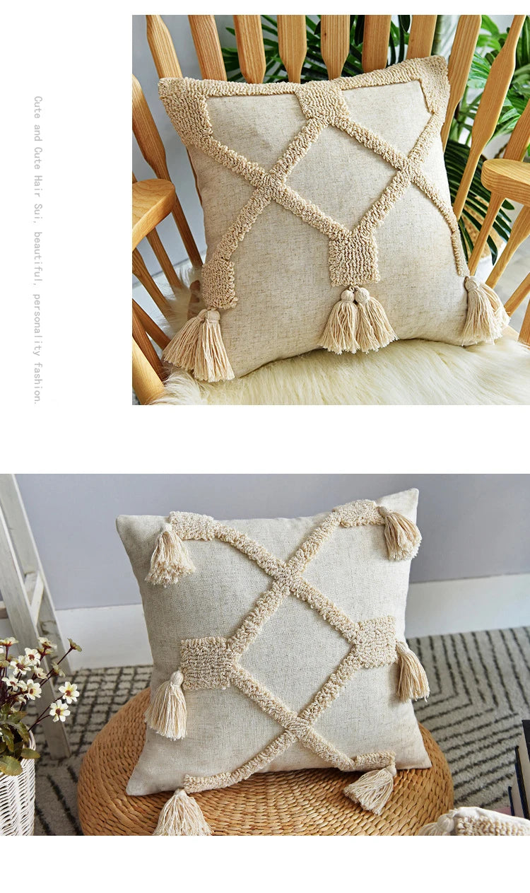 Boho Hand-Tufted Geometric Cushion Cover with Tassels — Cotton Linen | 8 Styles | 2 Sizes