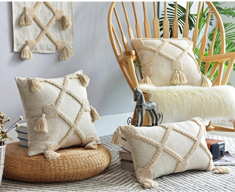 Boho Hand-Tufted Geometric Cushion Cover with Tassels — Cotton Linen | 8 Styles | 2 Sizes