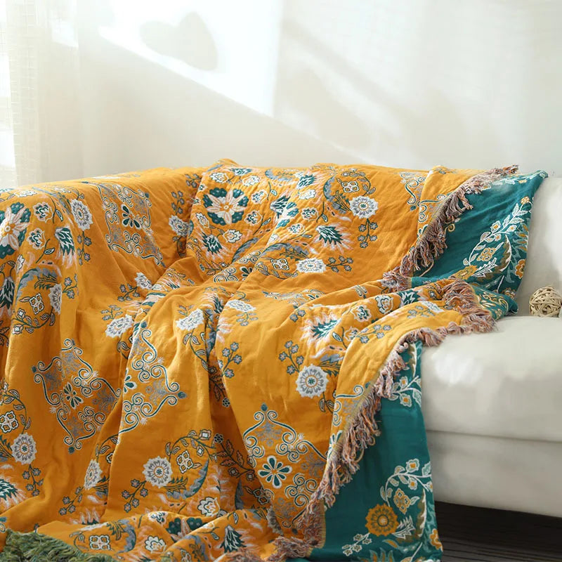 Cotton Floral Tassel Throw Blanket — Bohemian, 6 Colours, 3 Sizes