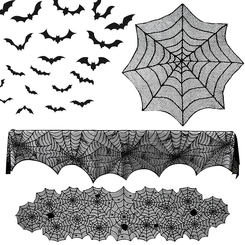 Lace Spider Web & Skeleton Fireplace Mantel Scarf