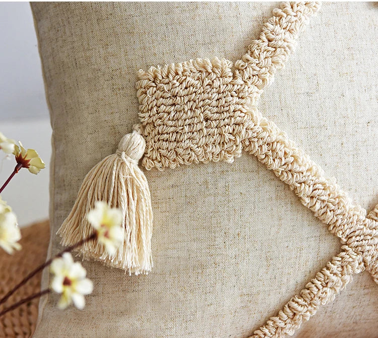 Boho Hand-Tufted Geometric Cushion Cover with Tassels — Cotton Linen | 8 Styles | 2 Sizes