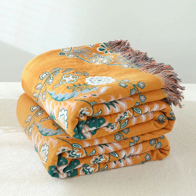 Cotton Floral Tassel Throw Blanket — Bohemian, 6 Colours, 3 Sizes