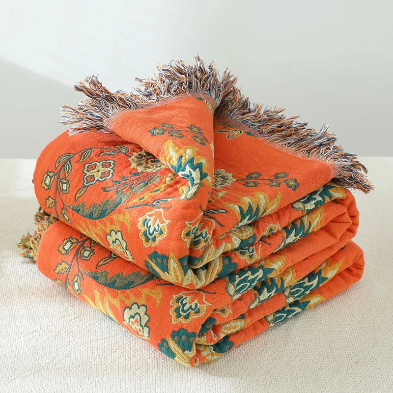 Cotton Floral Tassel Throw Blanket — Bohemian, 6 Colours, 3 Sizes