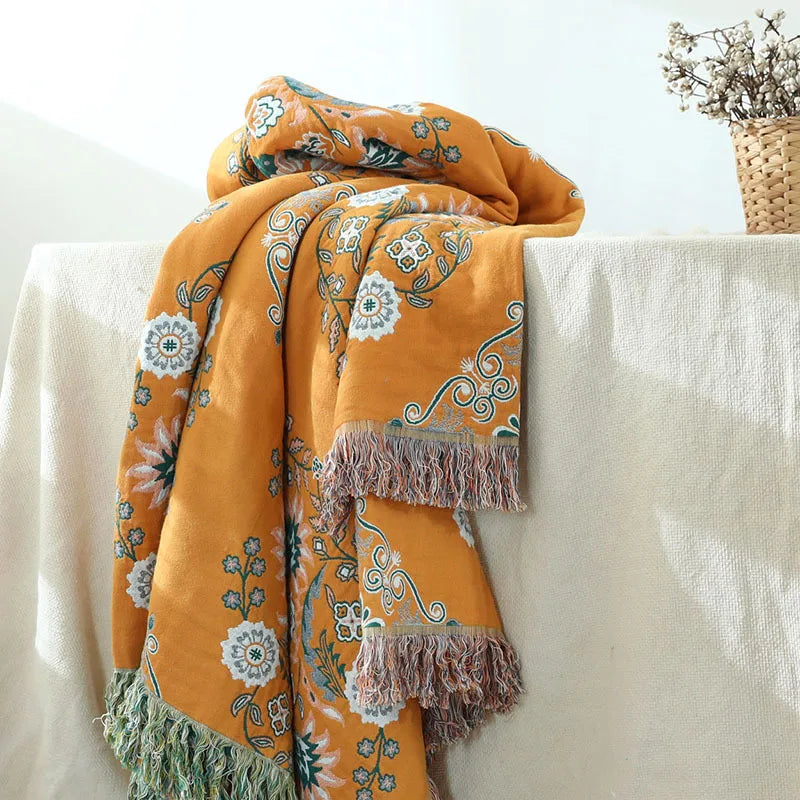 Cotton Floral Tassel Throw Blanket — Bohemian, 6 Colours, 3 Sizes