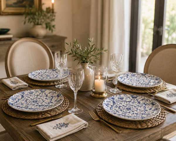 Blue azulejo-motif china plate, set of 4 | Diameter 20.5 cm (8 inches)