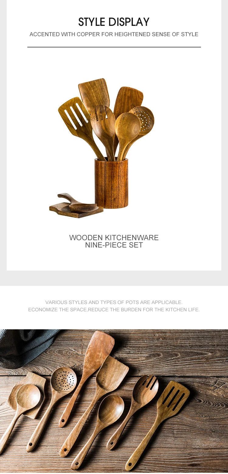 9-Piece Teak Cooking Utensil Set — With Holder | Kitchen Essential