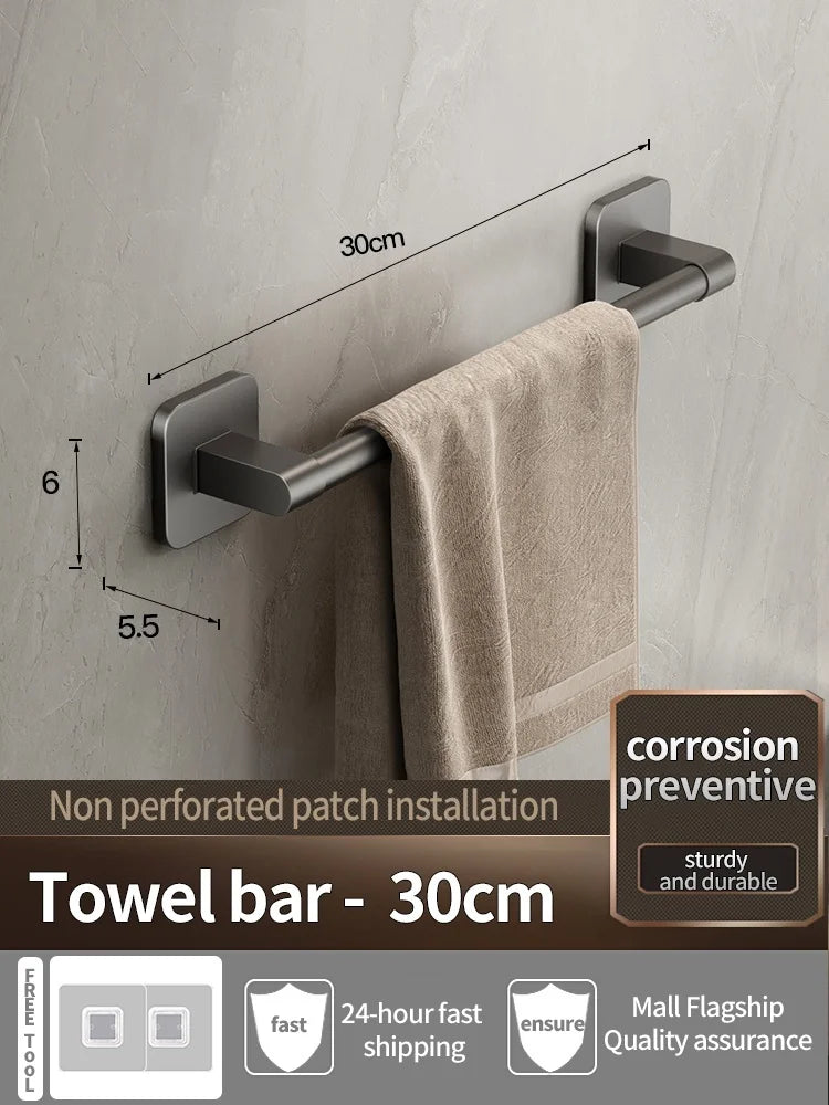 No-Drill Adhesive Towel Bar — Grey, 30–80cm