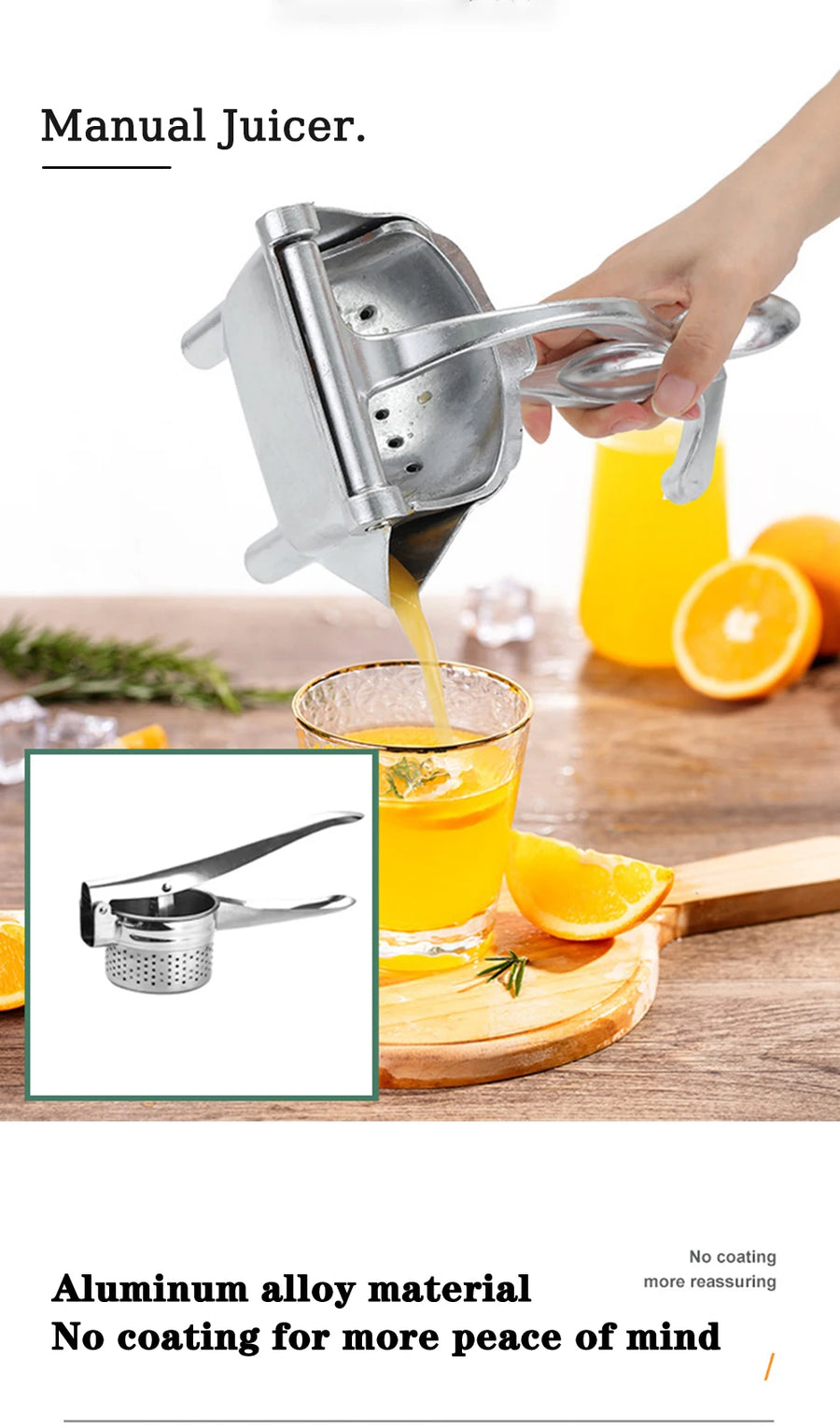 Manual Citrus Juicer — Hand Press Orange & Lemon Squeezer with Potato Masher