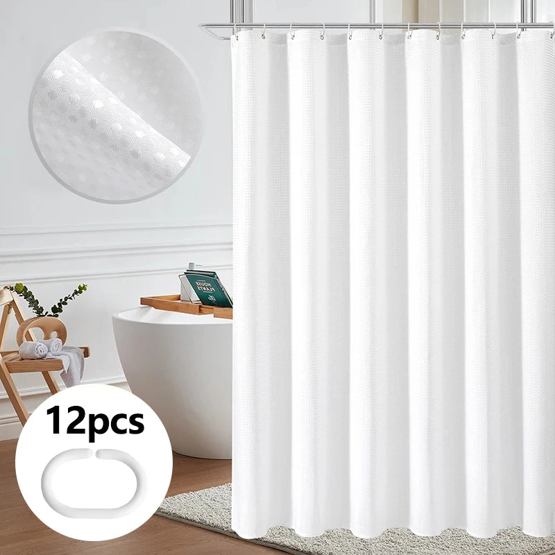 Waffle Texture Shower Curtain — Waterproof & Mildew-Proof | 4 Colours | 3 Sizes | 12 Hooks Included