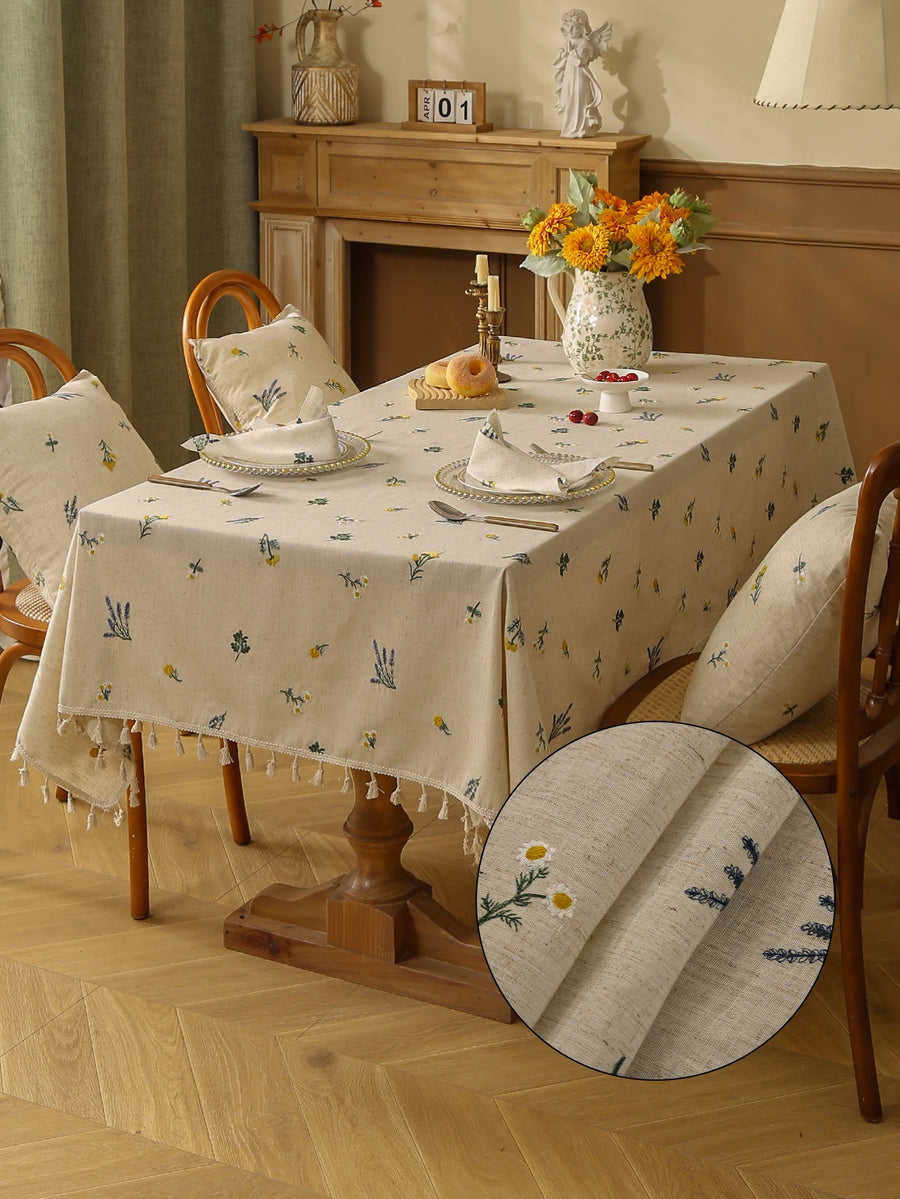 Embroidered Wheat Linen Tablecloth — Beige, 60×60cm & 90×90cm
