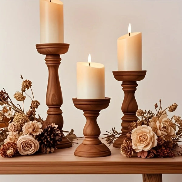 Vintage Pine Wood Pillar Candle Holders | Set of 3 | Tealight & Pillar