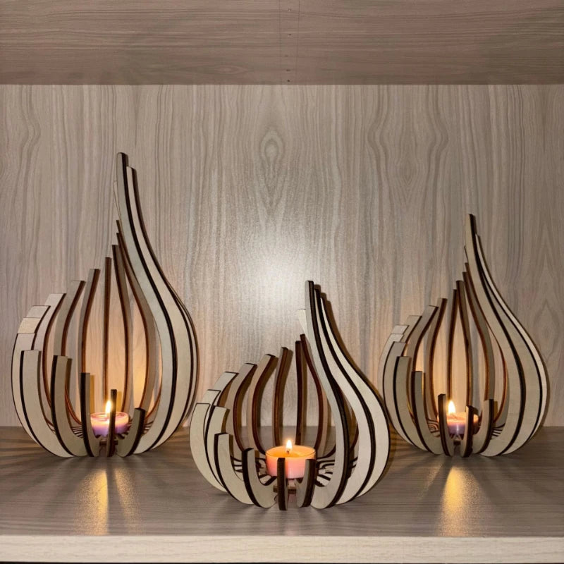 Flame-Shaped Layered Wood Candle Holder | Natural Wood | S, M, L & Set of 3