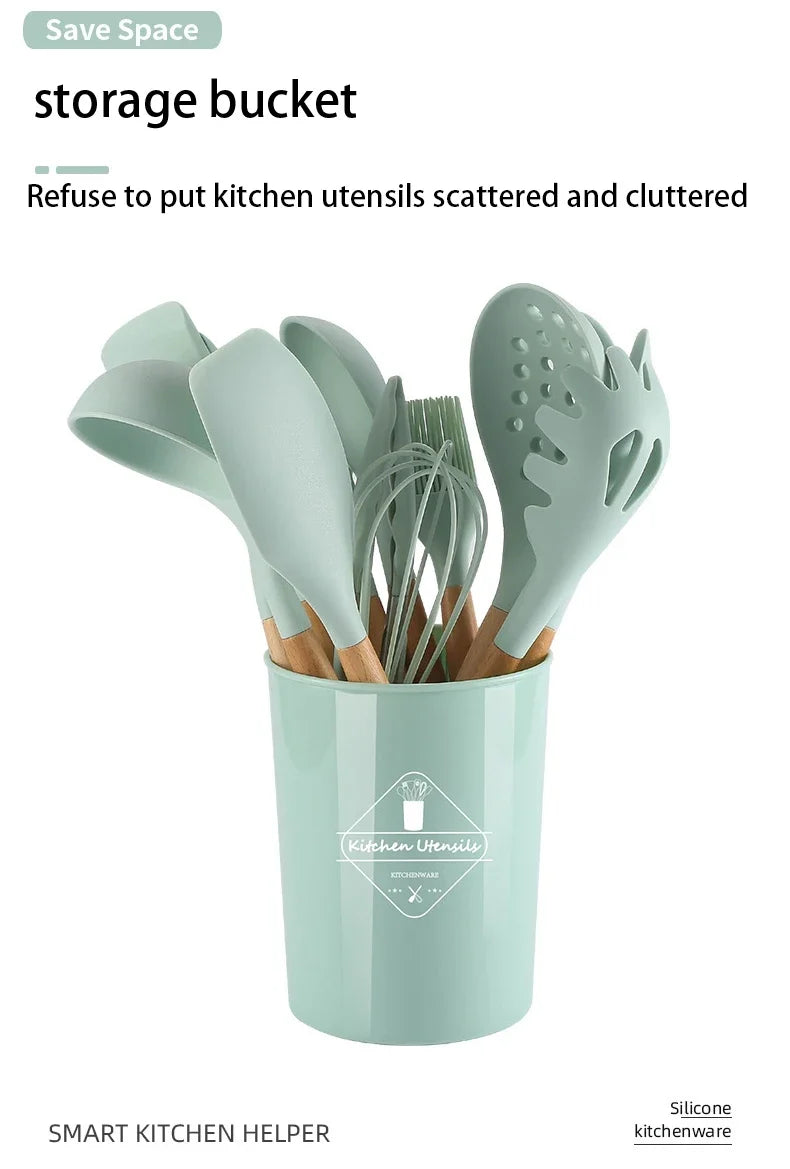 12-Piece Silicone & Wooden-Handle Kitchenware Set — Heat-Resistant | Non-Stick Safe