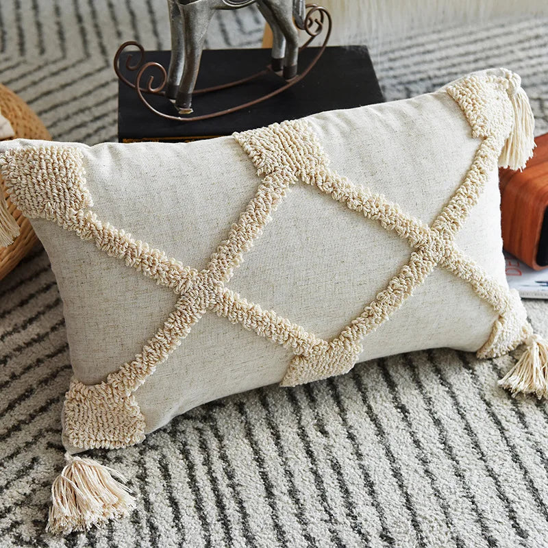 Boho Hand-Tufted Geometric Cushion Cover with Tassels — Cotton Linen | 8 Styles | 2 Sizes