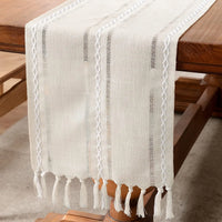 Linen Table Runner with Tassels | Hemstitched | Green, Ivory & Coffee | Multiple Sizes