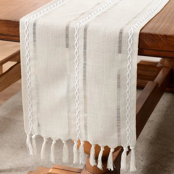 Linen Table Runner with Tassels | Hemstitched | Green, Ivory & Coffee | Multiple Sizes
