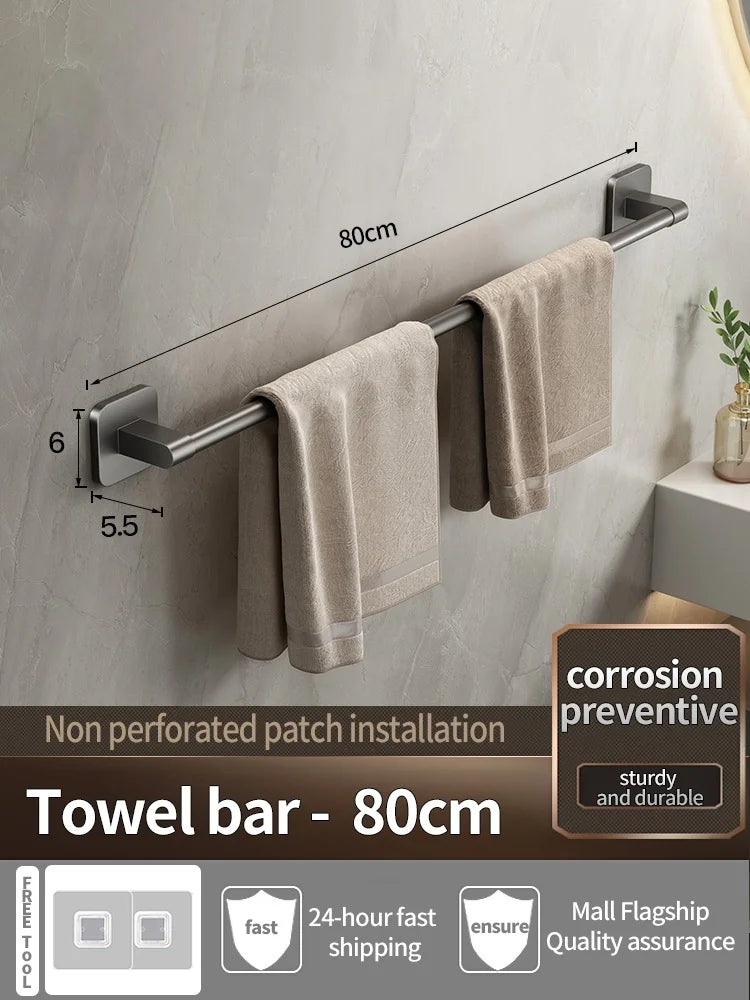 No-Drill Adhesive Towel Bar — Grey, 30–80cm