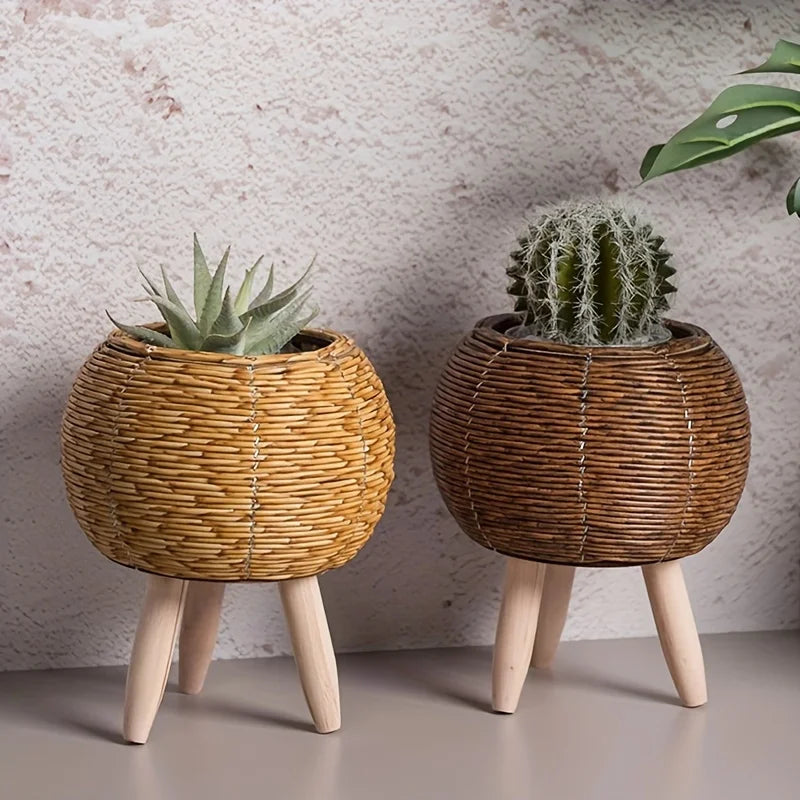 Rustic Rattan Planter with Wooden Legs — Woven Storage Basket | 4 Styles | Indoor & Outdoor
