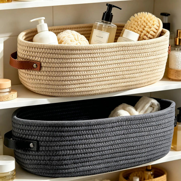 Handwoven Cotton Rope Storage Baskets | Set of 2 | Leather Handles
