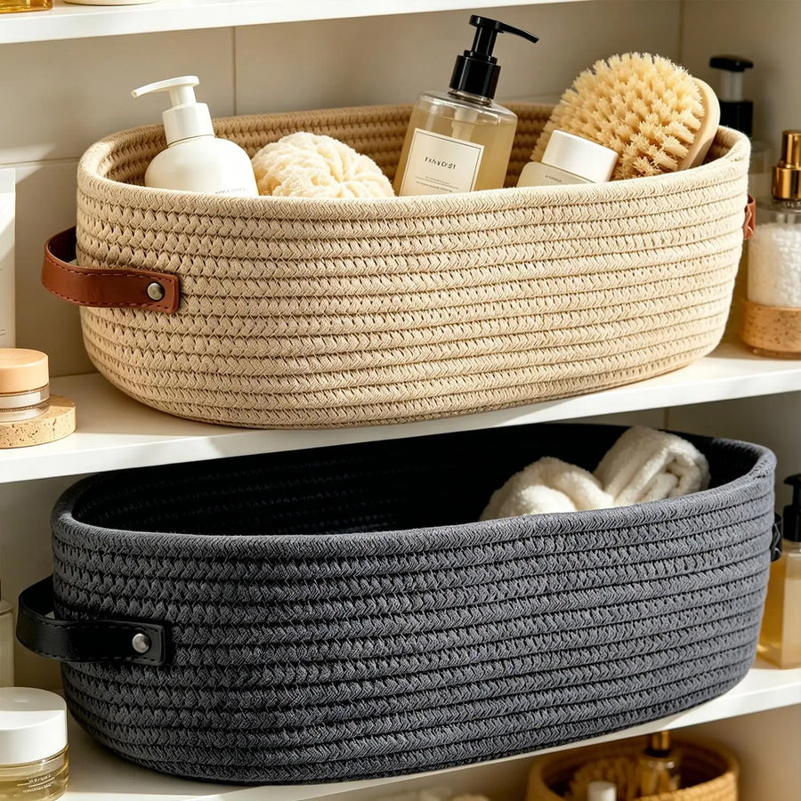 Handwoven Cotton Rope Storage Baskets | Set of 2 | Leather Handles