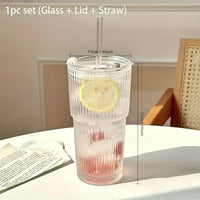 600ml Stripe Glass Cup with Lid & Straw