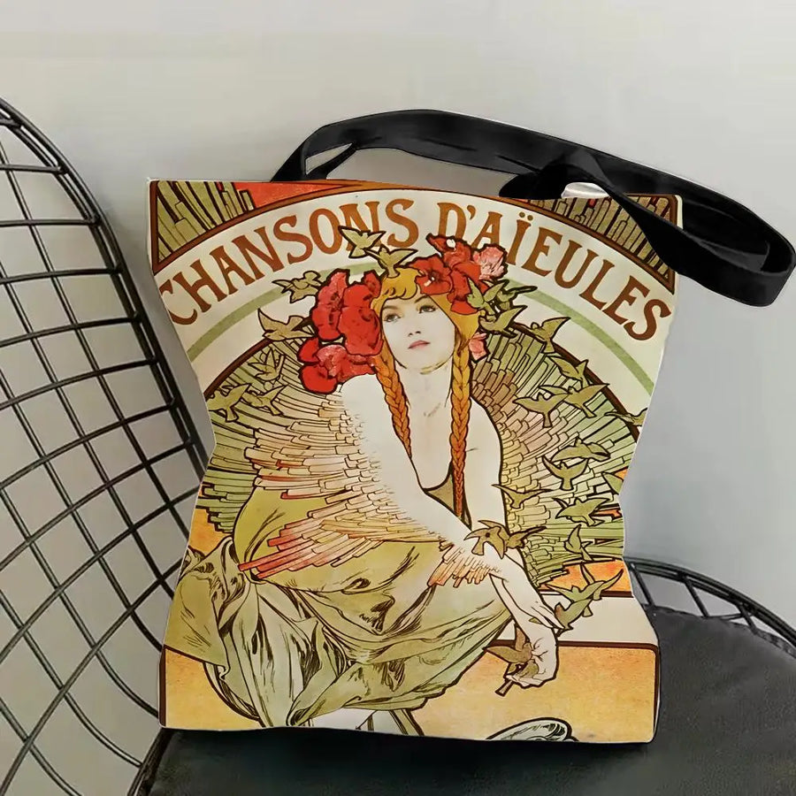 Mucha Series Art Canvas Tote Bag — Double-Sided Print | Eco-Friendly | 12 Designs | 4 Sizes